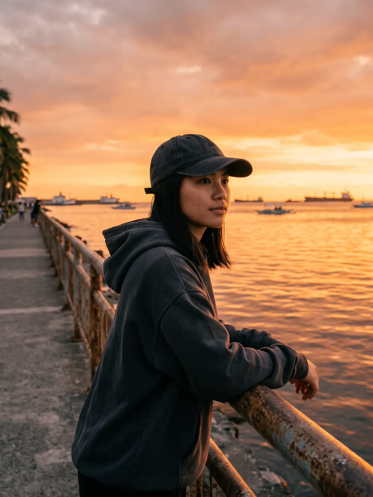 Model in the Washed Cap and Ash Hoodie on the Manila Bay seawall at sunset