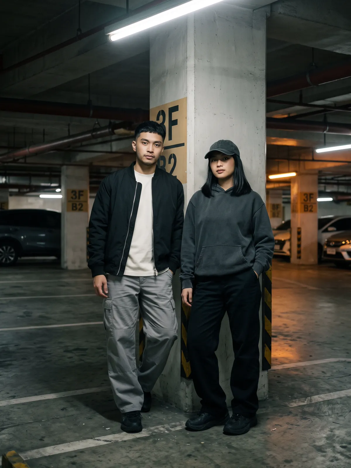 Two models in the Heat Bomber, Ripstop Cargo, Ash Hoodie and Washed Cap in a parking garage