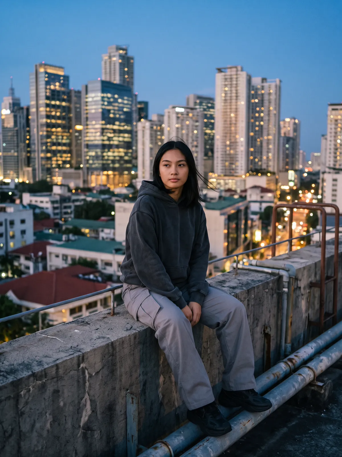Model in the Ash Hoodie on a rooftop