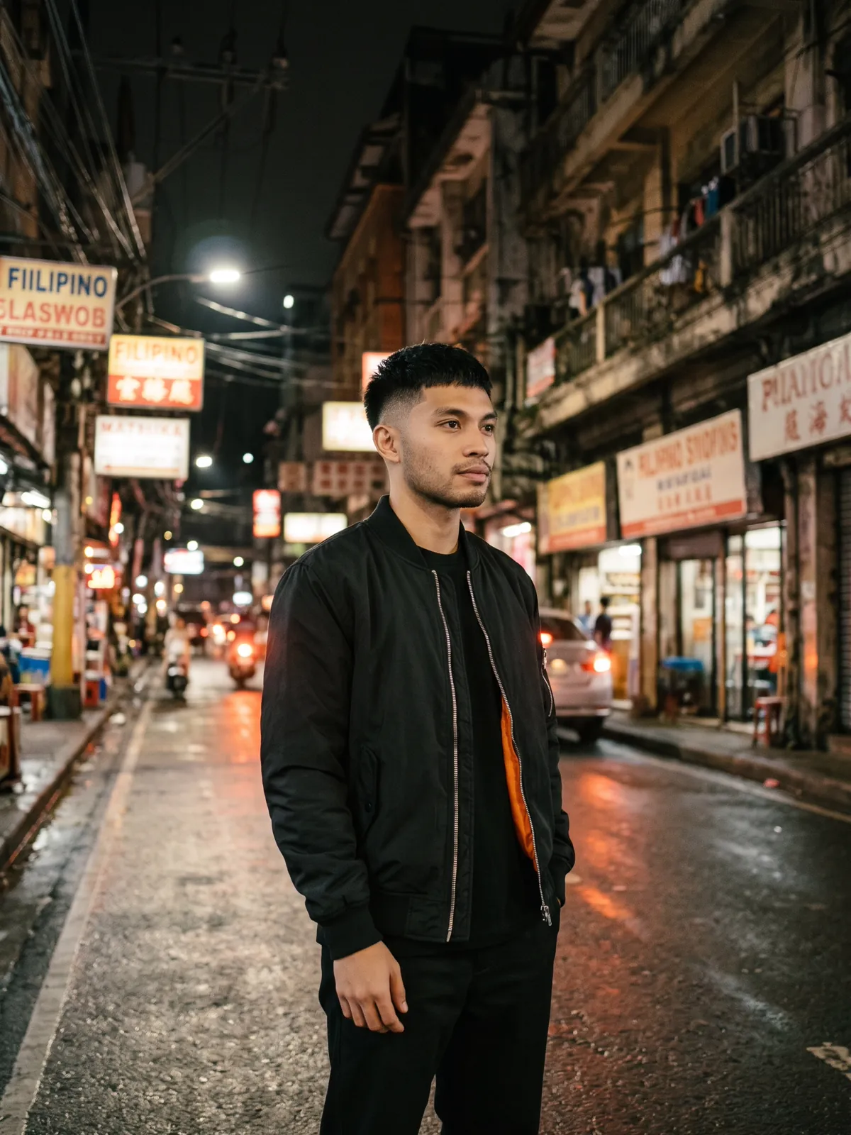 Model in the Heat Bomber on a city street at night