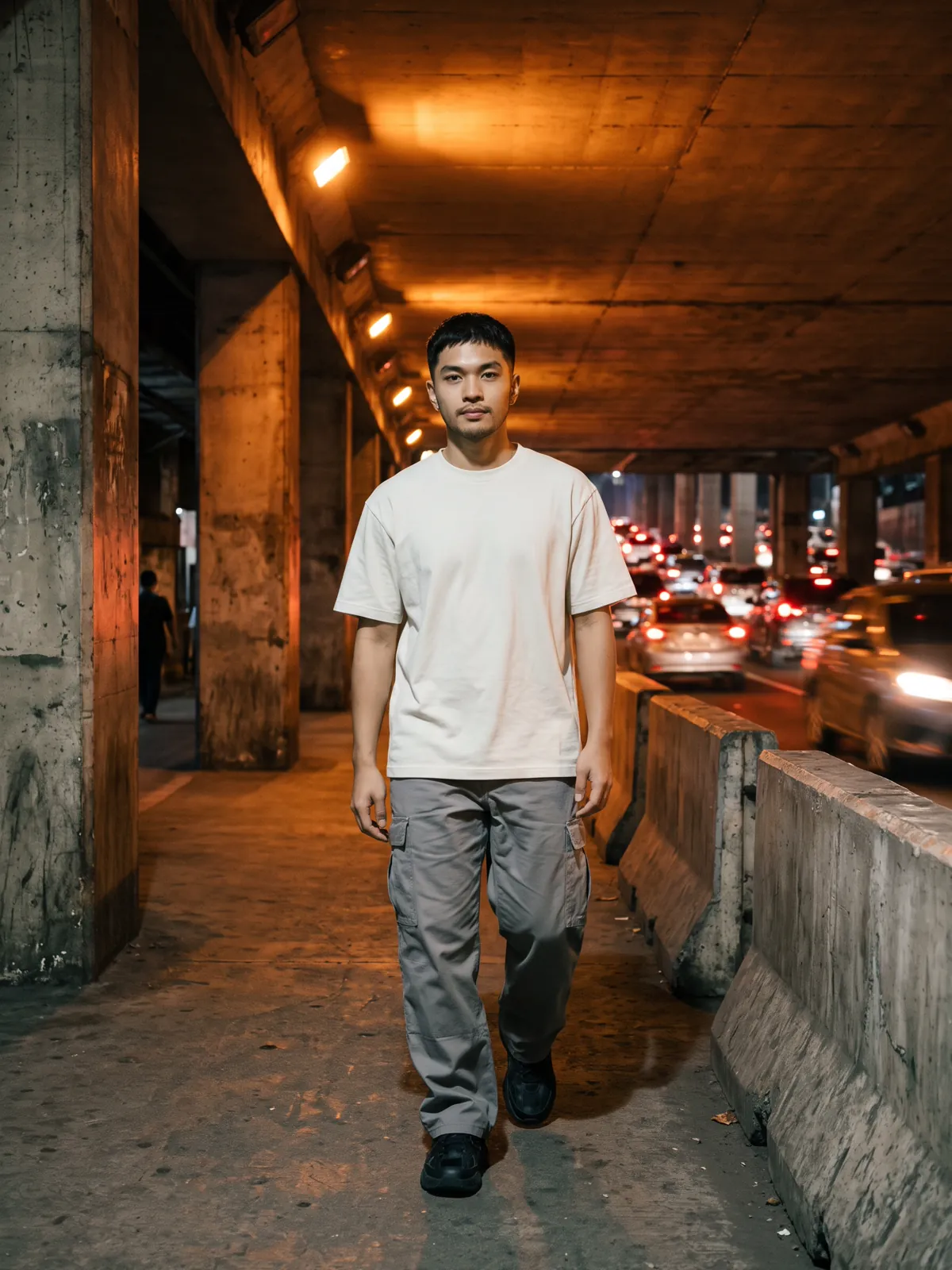 Model in the Ripstop Cargo walking through an underpass